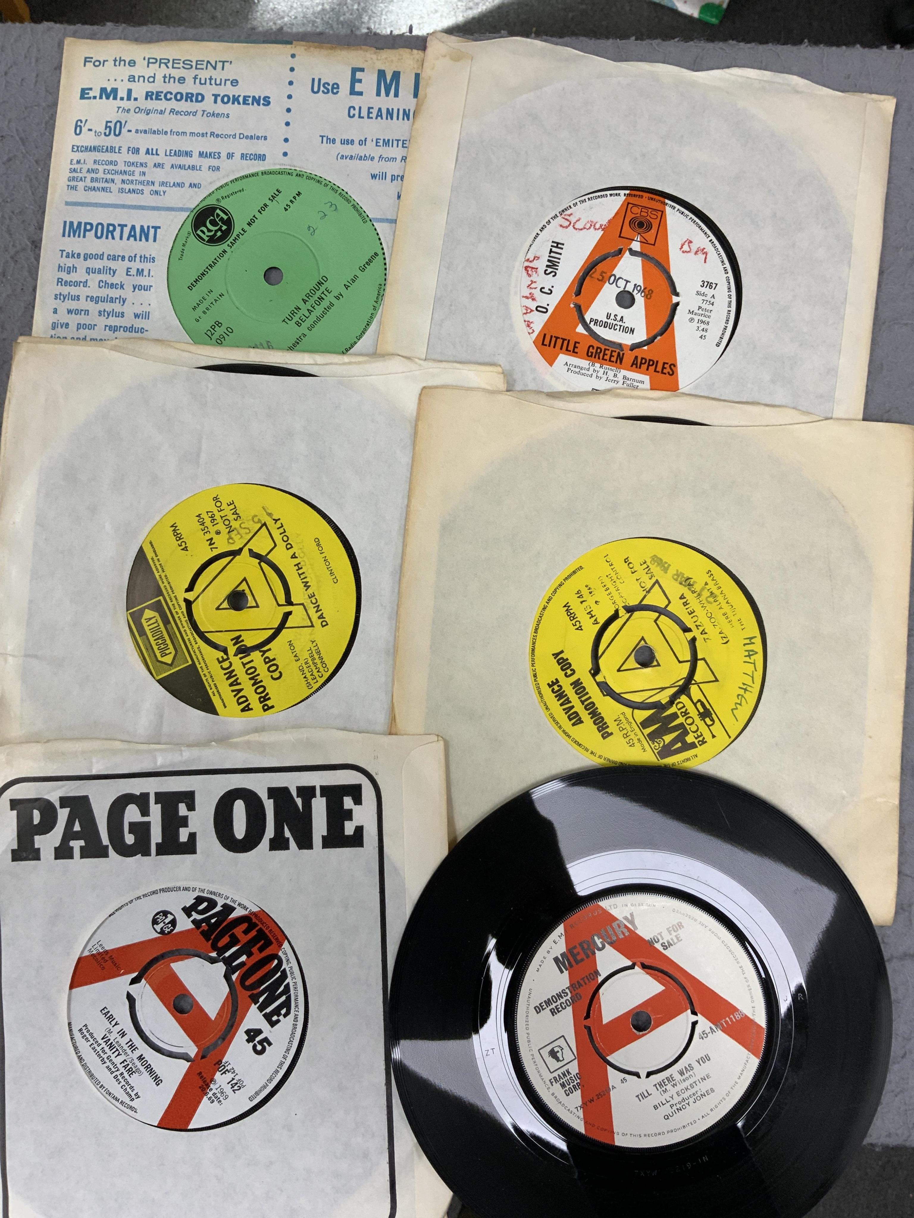 Eighty 7” singles, all with printed demo labels (some also with printed release date), record labels include; United Artists, CBS, Columbia, Parlophone, Pye, Atlantic, RCA, Decca, MGM, EMI, etc. Artists include; Mike Cli